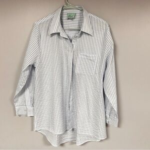 True Destinations Seersucker Blue& White Striped Button Down Cotton Shirt, XL